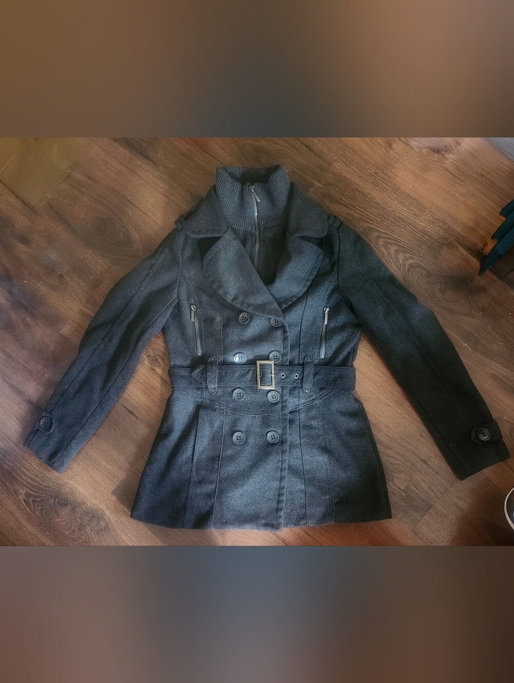 Yoki Gray Double-Breasted Belted Pea Coat